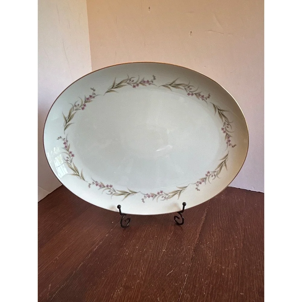 Prestige Fine China Japan Oval Serving Platter Pink Floral Gold Rim 14 Inch